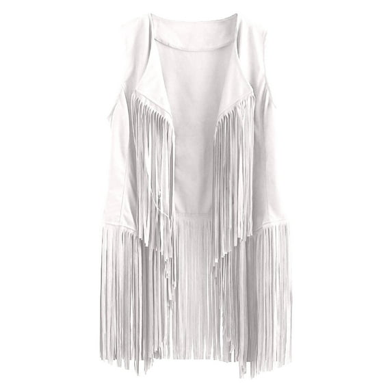 XFLWAM Hippie Vest for Women Vintage 70s Tassel Vest Faux Sleeveless Fringe Hippie Jacket Cardigan White S