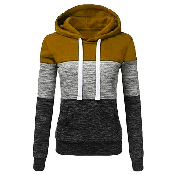 XFLWAM Hoodies for Women Fall Fashion Color Block Casual Long Sleeve Workout Sweatshirt Drawstring Hooded Pullover Lightweight Clothes Khaki XL