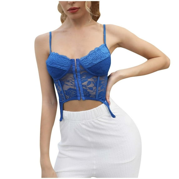 XFLWAM Lace Corset Top V Neck Elastic Straps for Party Streetwear Going Out Party Corset Tops for Women Bustier Blue XL