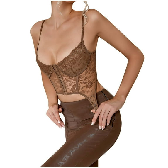 XFLWAM Lace Corset Top V Neck Elastic Straps for Party Streetwear Going Out Party Corset Tops for Women Bustier Brown S