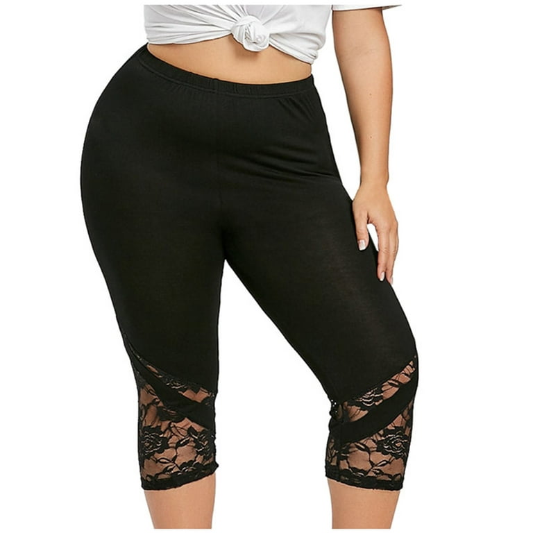 XFLWAM Leggings for Women Plus Size High Waisted Lace Yoga Pants Stretch  Capri Cropped Knee-Length Soft Tights Black XXL