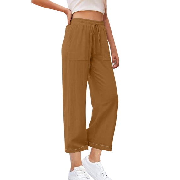 XFLWAM Linen Pants for Women Lightweight Wide Leg Pants Drawstring Elastic High Waisted Lounge Pants with Pockets Tie Knot Loose Trousers Brown L