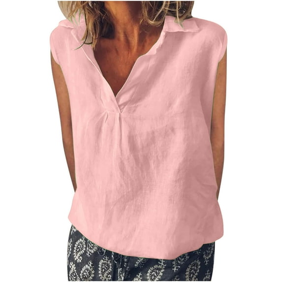 XFLWAM Linen Tank Tops for Women Lapel V Neck T-Shirts Sleeveless Collared Polo Shirt Solid Color Casual Trendy Tanks