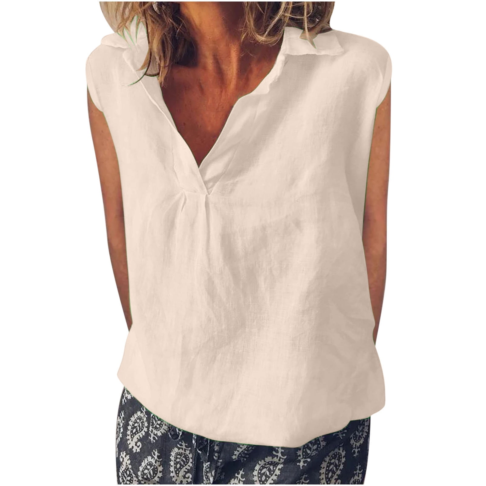 XFLWAM Linen Tank Tops for Women Lapel V Neck T-Shirts Sleeveless ...