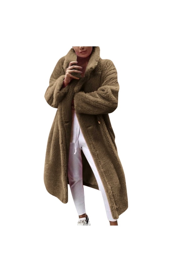 Long Coat for Women Winter Warm Fuzzy Button Down Jacket Solid Color Peacoat Warm Fall Winter Casual Outdoor Overcoat Brown S