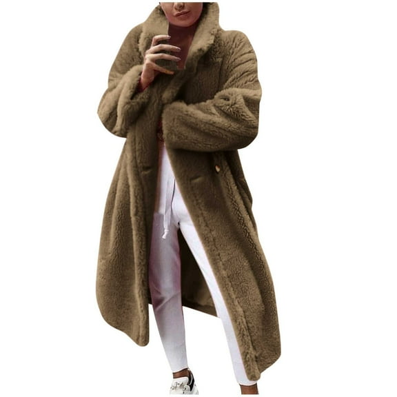 XFLWAM Long Coat for Women Winter Warm Fuzzy Button Down Jacket Solid Color Peacoat Warm Fall Winter Casual Outdoor Overcoat Brown S