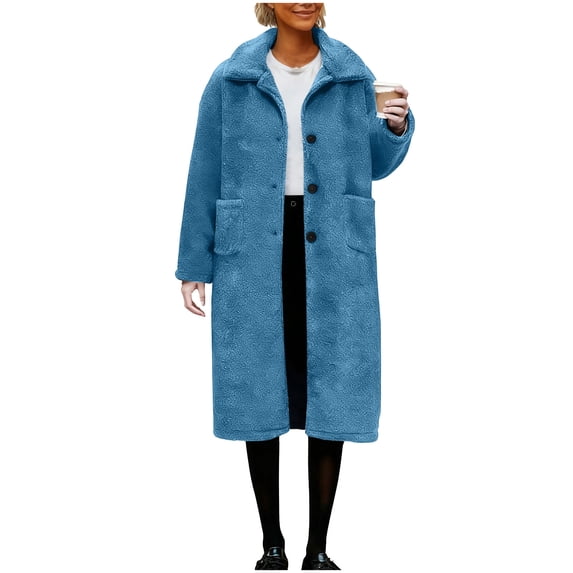 XFLWAM Long Jackets for Women Fuzzy Fleece Fashion Long Sleeve Teddy Coat Sherpa Warm Trench Coat Winter Outwear Dark Blue XXL