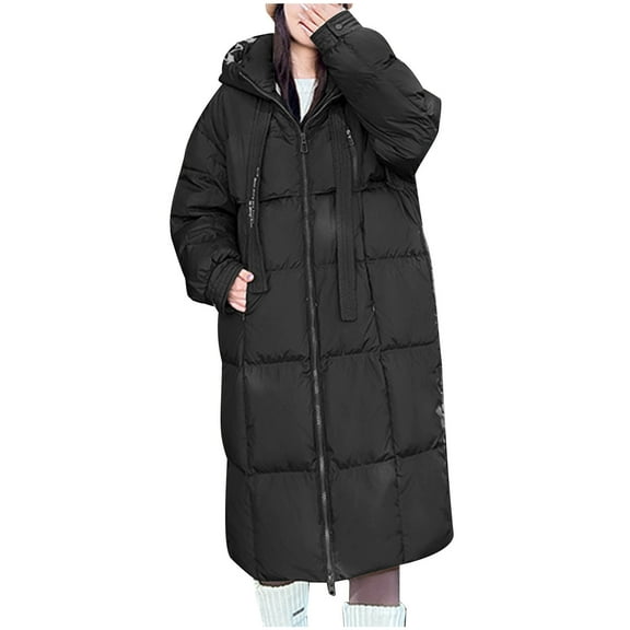 XFLWAM Long Puffer Jacket for Women Thickened Winter Coat Hooded with Deep Pockets Ladies Warm Winter Jacket L