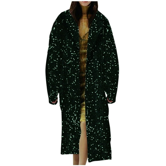 XFLWAM Long Sequin Wool Pea Coats for Women Plus Size Casual Winter Coat Single Breasted Notch Collar Trench Coat Outerwear