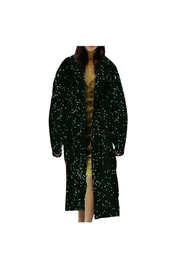 Long Sequin Wool Pea Coats for Women Plus Size Casual Winter Coat Single Breasted Notch Collar Trench Coat Outerwear