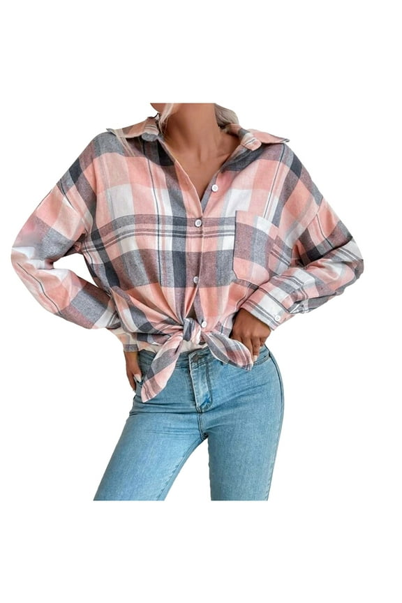 Long Sleeve Button Down Shirt for Womens Plaid Shirt Long Sleeve Collar Blouses Tops with Pocket Pink XXL