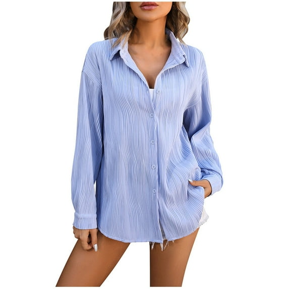 XFLWAM Long Sleeve Button Down Shirts for Women Casual Stretchy Loose Fit Solid Color Dress Shirt Textured Tops Blouse Blue M