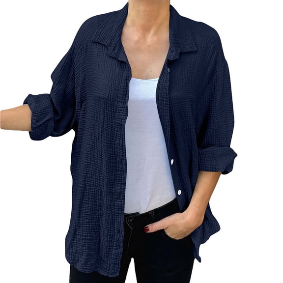 XFLWAM Long Sleeve Button Down Shirts for Women Collared Lightweight Textured Casual Shacket Tops Navy XXL