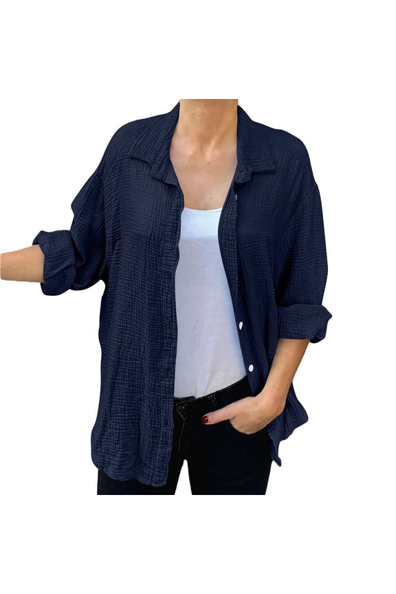Long Sleeve Button Down Shirts for Women Collared Lightweight Textured Casual Shacket Tops Navy XXL
