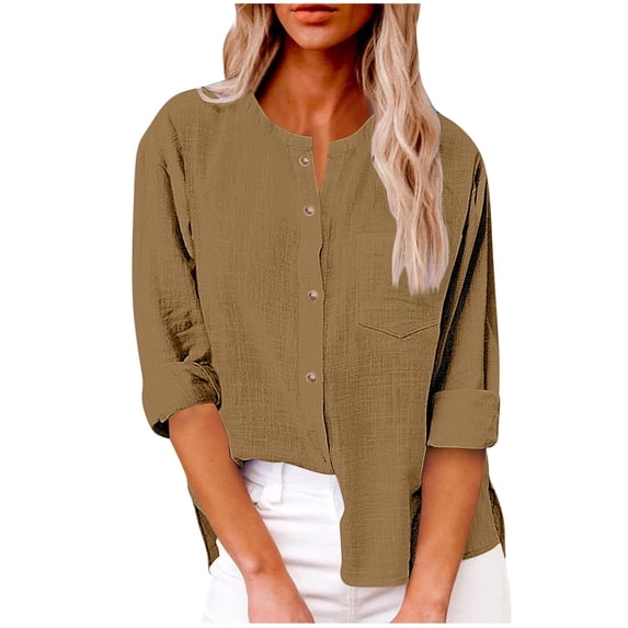 XFLWAM Long Sleeve Button Down Shirts for Womens Cotton Linen Crew Neck Blouses Casual Loose Tops
