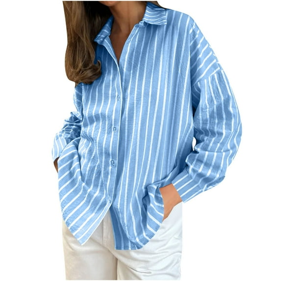 XFLWAM Long Sleeve Button Down Shirts for Womens Cotton Striped Print Oversized Shackets Collared Office Work Blouses Tops