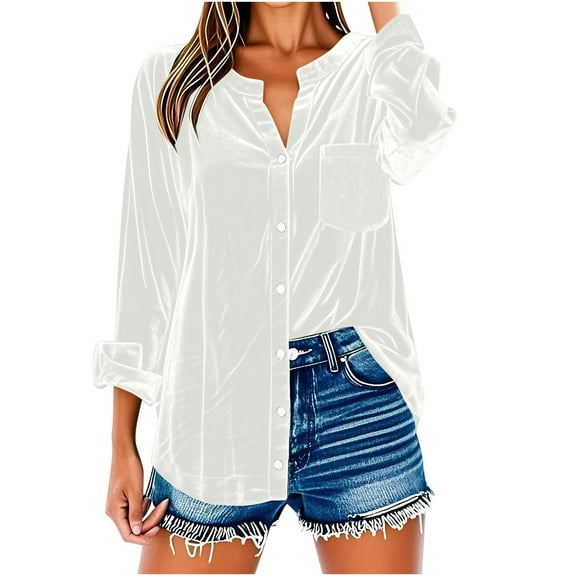 XFLWAM Long Sleeve Button Down Shirts for Womens Velvet Plus Size Tops Casual Loose Fit Elegant Going Out Work Blouses with Pockets