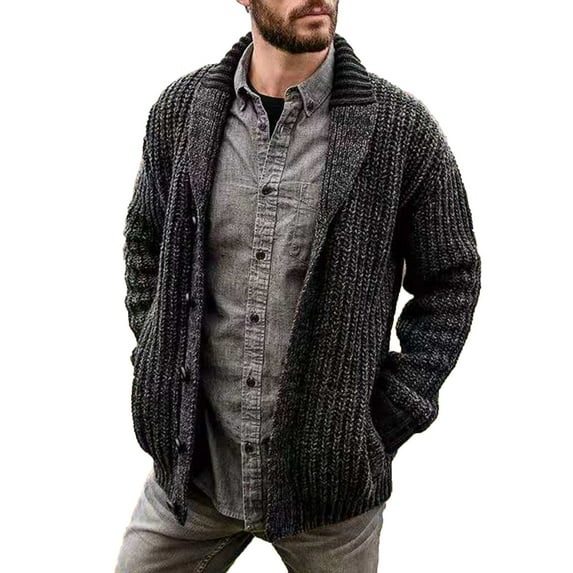 XFLWAM Long-Sleeve Button-Down Sweater Men's Vintage Cardigan Sweater Men's Wool Blend V-Neck Cardigan Sweater Mens Shawl Black M