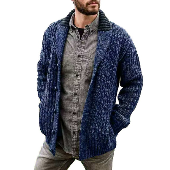 XFLWAM Long-Sleeve Button-Down Sweater Men's Vintage Cardigan Sweater Men's Wool Blend V-Neck Cardigan Sweater Mens Shawl Blue XL