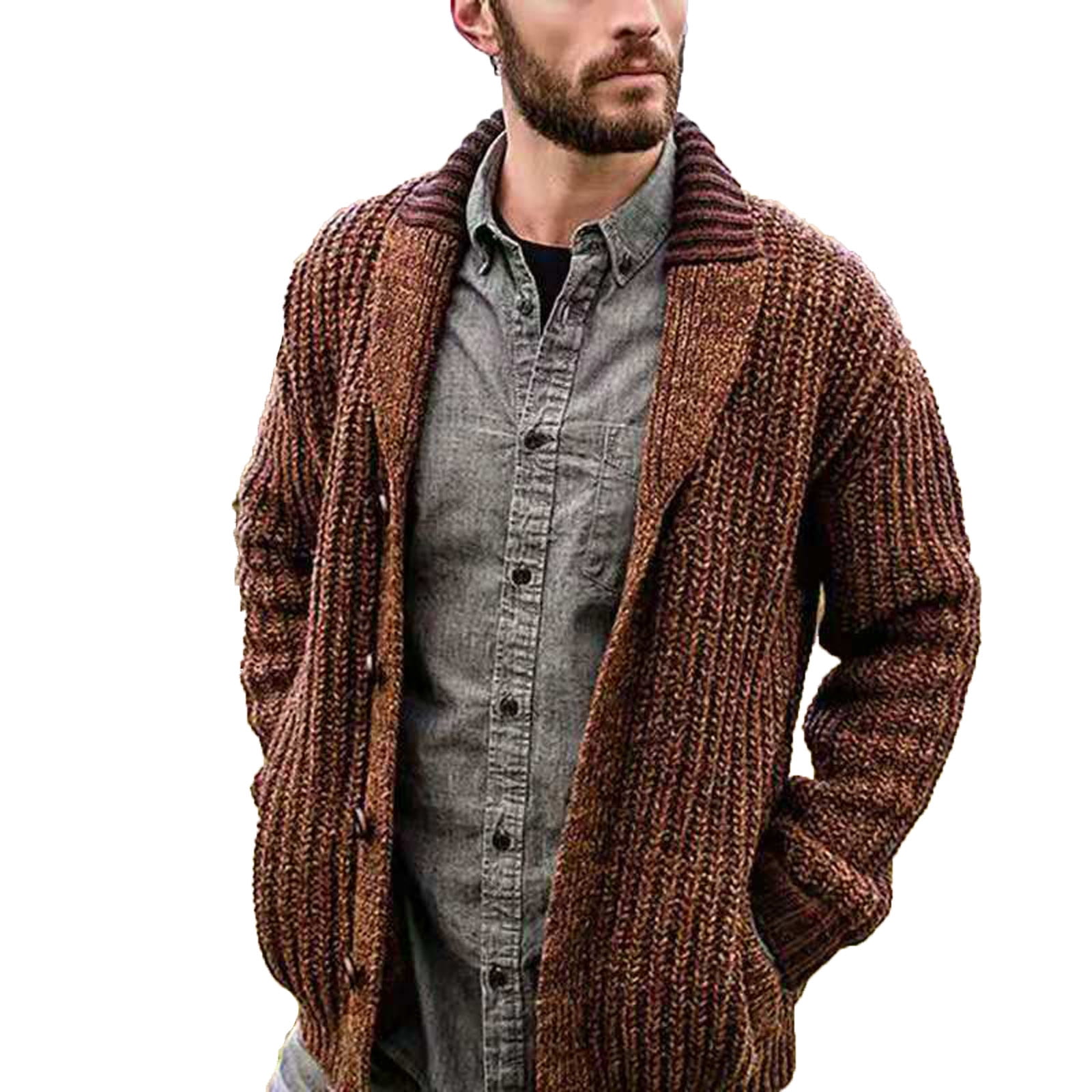 XFLWAM Long Sleeve Button Down Sweater Men s Vintage Cardigan Sweater Men s Wool Blend V Neck Cardigan Sweater Mens Shawl Brown M Walmart