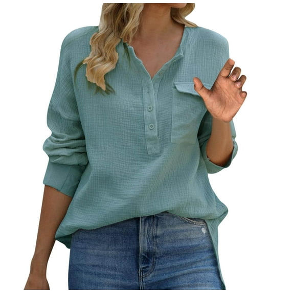 XFLWAM Long Sleeve Shirt for Women Oversized Henley Neck Rolled Cuff Casual Solid Color Blouse Loose Fit Pullover Tunic Tops Blue M