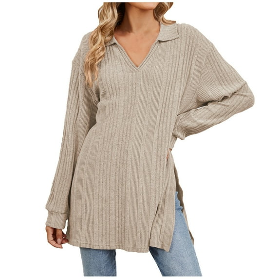 XFLWAM Long Sleeve Shirts for Women Lightweight V Neck Tunic Tops Ribbed Knit Loose Fit Fall Sweatshirt Casual Side Slit Pullover Shirts Khaki XXL