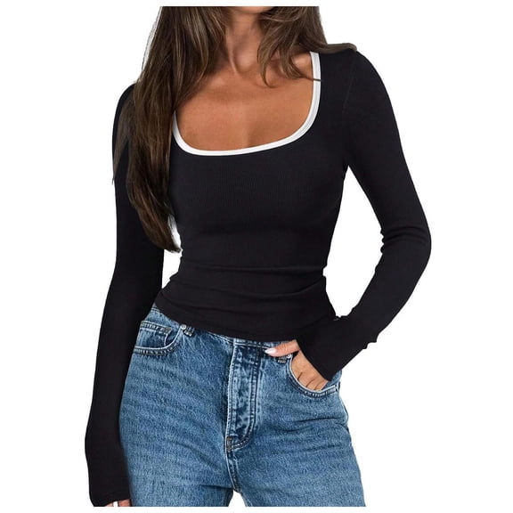 XFLWAM Long Sleeve Shirts for Women Square Neck Ribbed Slim Fitted Basic Tees Scoop Neck Going Out Tops
