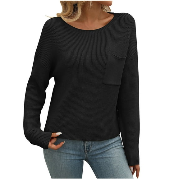 XFLWAM Long Sleeve Sweater for Women Round Neck Sweatshirt Fall Casual Loose Fit Solid Color Pullover Tops with Pocket L