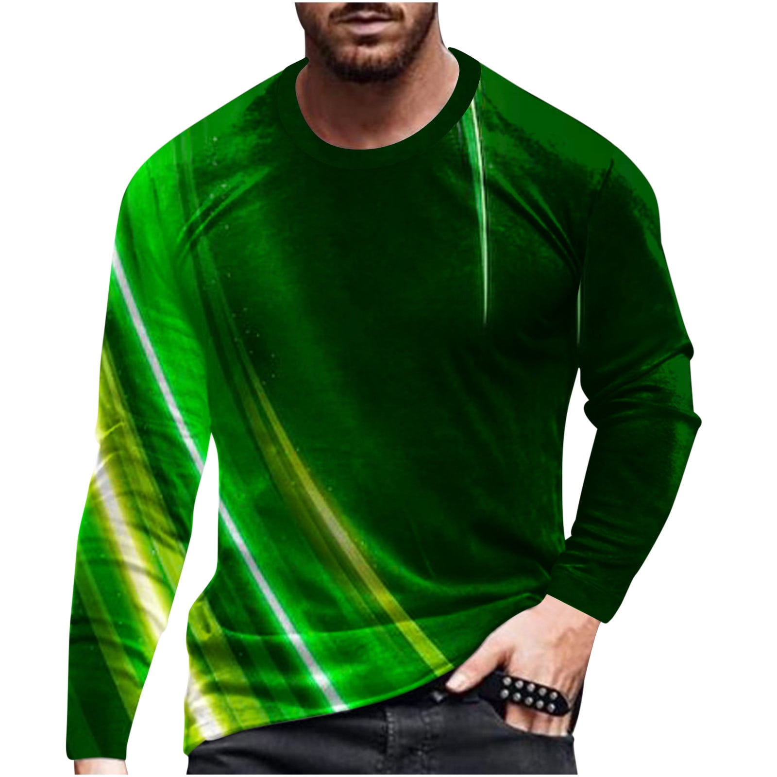 XFLWAM Long Sleeve Tee Shirts for Mens Boys Fashion 3D Abstract Graphic  T-Shirt Print Round Neck Daily Tops Streetwear Green 3XL 