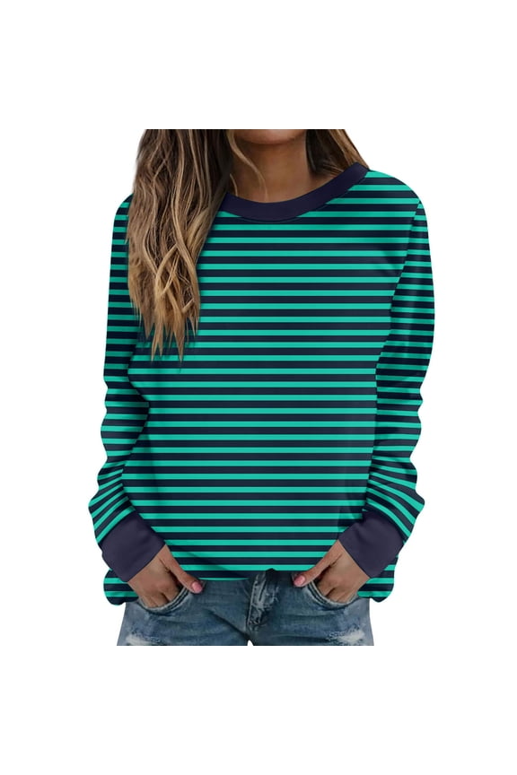 Long Sleeve Womens Tops Plus Size Basic Elbow Sleeve Workout Top Striped Shirt Crew Neck Loose Fit Tees S