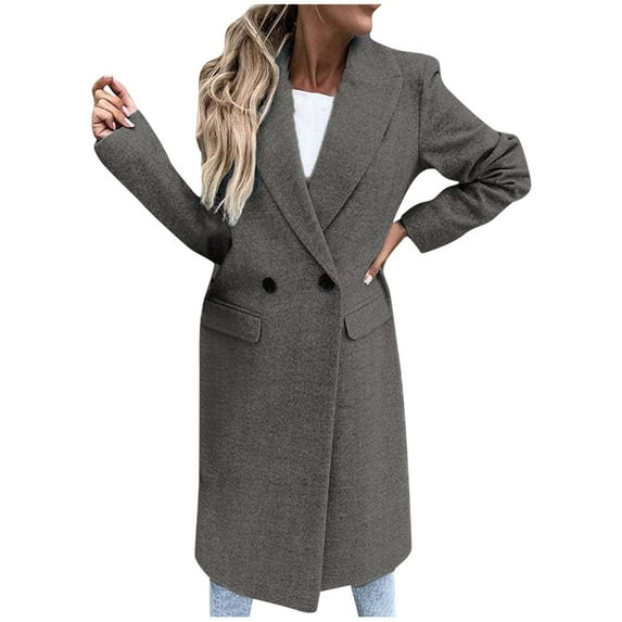 XFLWAM Long Trench Coat for Women Soft Wool Lapel Double Breasted Pea Coat Casual Business Solid Outwear Winter Essentials Gray S