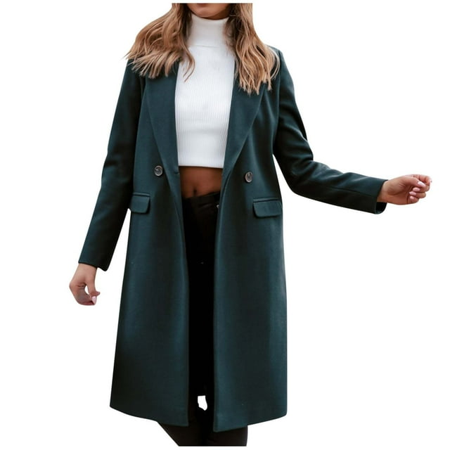 XFLWAM Long Trench Coat for Women Soft Wool Lapel Double Breasted Pea Coat Casual Business Solid Outwear Winter Essentials Green XL
