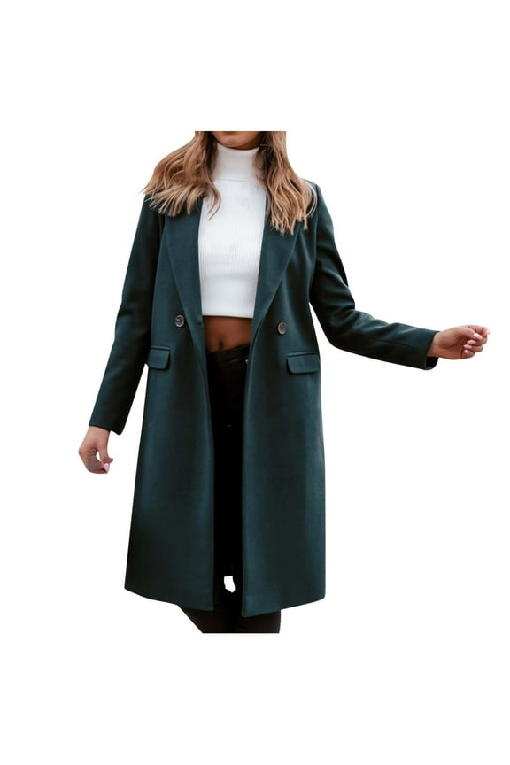 Long Trench Coat for Women Soft Wool Lapel Double Breasted Pea Coat Casual Business Solid Outwear Winter Essentials Green XXL