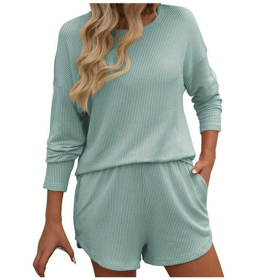 XFLWAM Lounge Sets for Women 2 Piece Textured Long Sleeve Top and Shorts with Pockets Comfy Loungewear Outfits