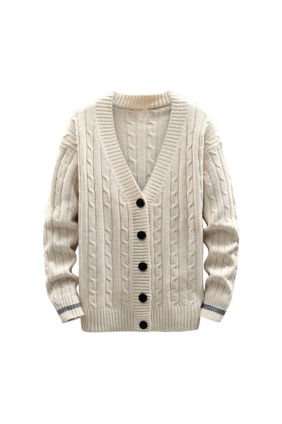 Men Cardigan Jacket V Neck Button Down Sweater Cardigan Tops Slim Cable Knit Sweater Outwear Beige XL