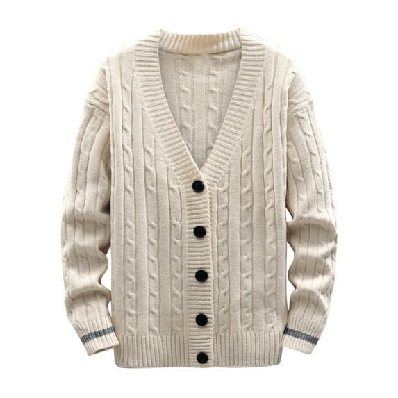 XFLWAM Men Cardigan Jacket V Neck Button Down Sweater Cardigan Tops Slim Cable Knit Sweater Outwear Beige XL