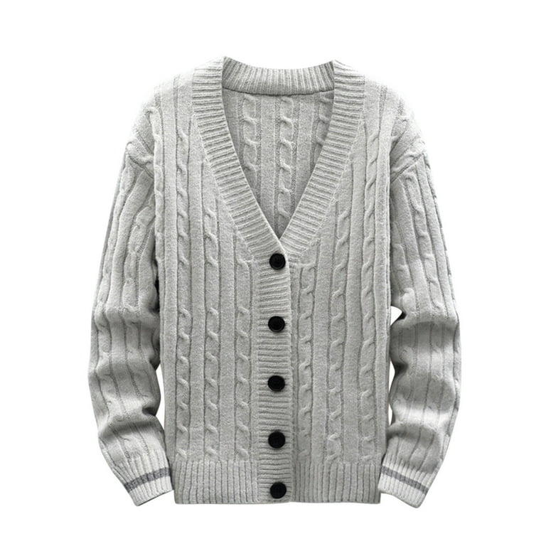 XFLWAM Men Cardigan Jacket V Neck Button Down Sweater Cardigan Tops Slim Cable Knit Sweater Outwear Gray M