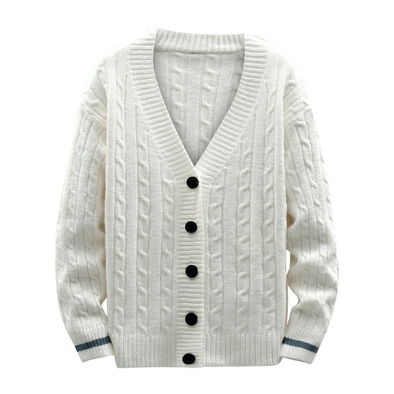 XFLWAM Men Cardigan Jacket V Neck Button Down Sweater Cardigan Tops Slim Cable Knit Sweater Outwear White XL