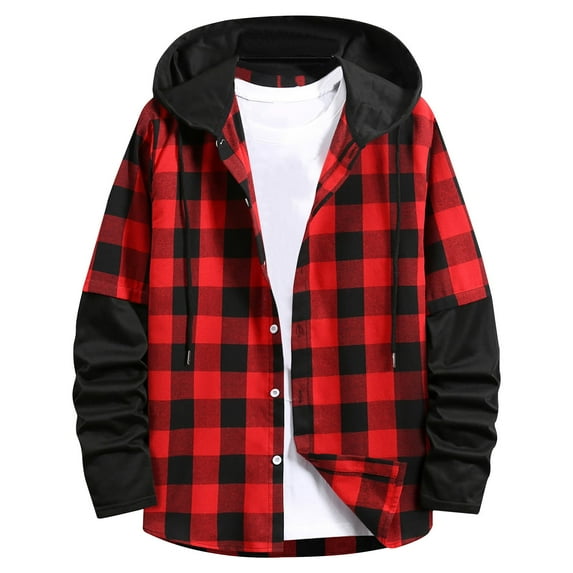 XFLWAM Men Long Sleeve Quilted Lined Flannel Shirt Jacket with Hood Button-Down Flannel Plaid Hoodie Shirt Lightweight Jacket Red XXL