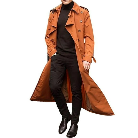 XFLWAM Men Trench Coat Winter,Double Breasted Oversized Light Casual Lapel Long Windbreaker Jacket Belted Slim Overcoats Orange M