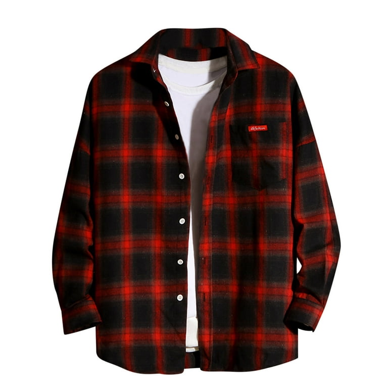 XFLWAM Men's Flannel Hoodie Plaid Shirts Jacket Casual Long Sleeve Button  Down Lightweight Hooded Shirt Red XL