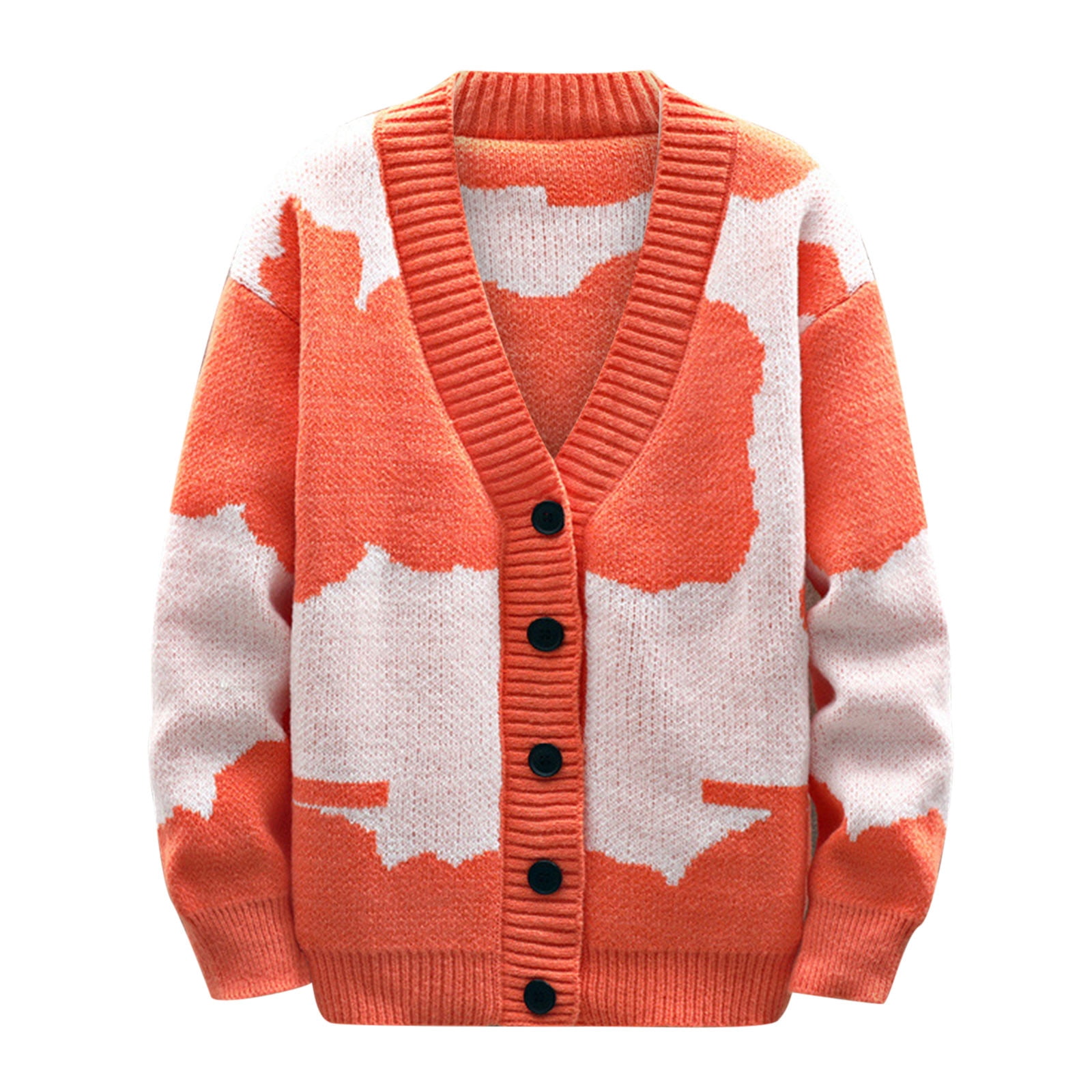 XFLWAM Men\'s Cardigan 3XL Blend Orange V Sweater Neck Sweater Down Button Knit Wool Cashmere Cardigan Print