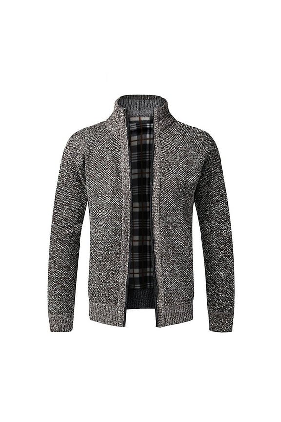 Men's Cardigan Sweaters Stand Collar Full Zip Up Slim Fit Cable Knit Sweater Casual Sweater Winter Warm Brown L