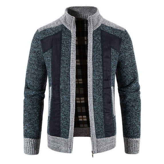 XFLWAM Men's Cardigan Sweaters Stand Collar Full Zip Up Slim Fit Cable Knit Sweater Casual Sweater with 2 Front Pockets Blue 4XL
