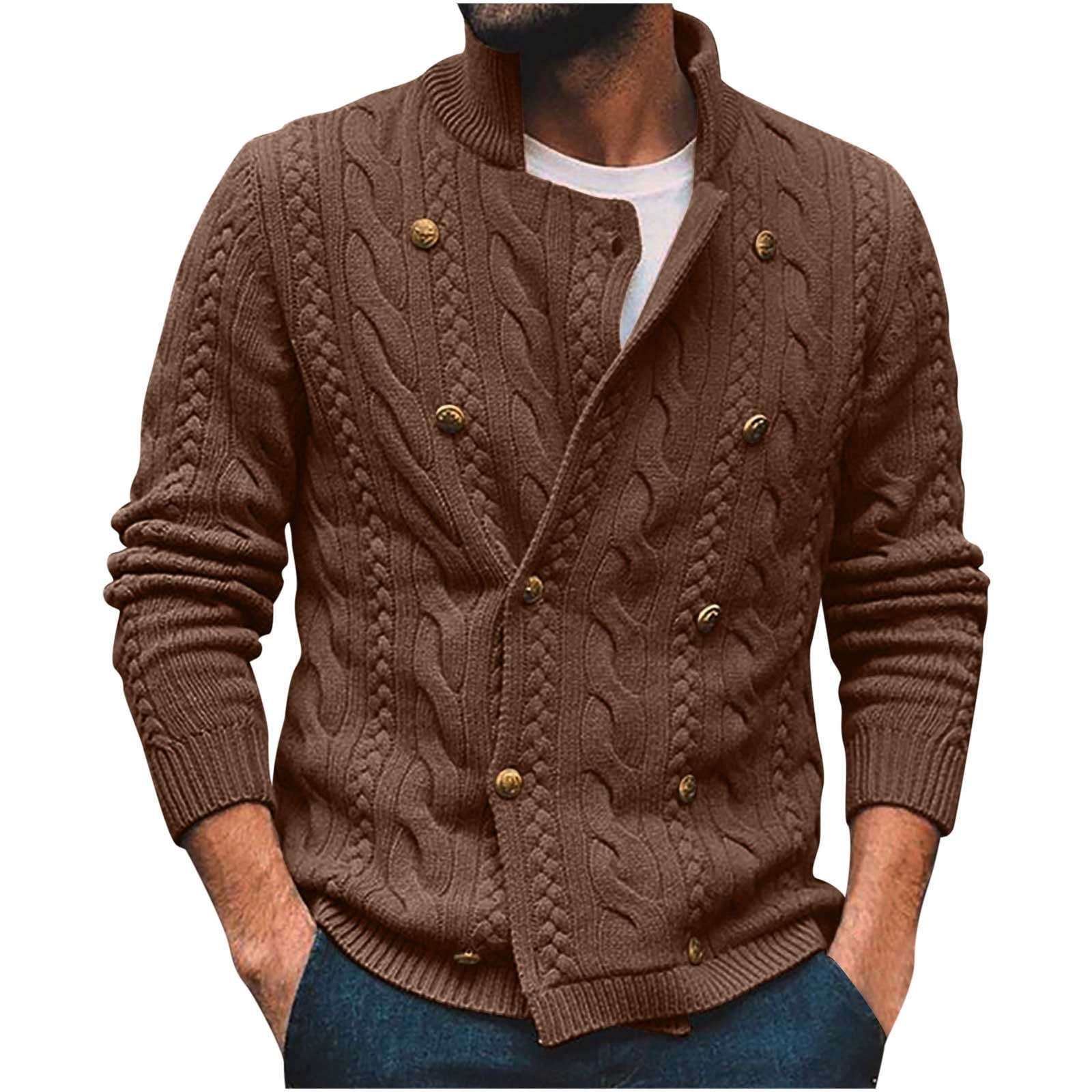 XFLWAM Men's Cardigan Sweaters Stand Collar Open Front Cable Knitted ...