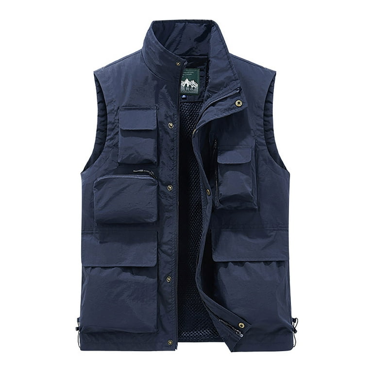 XFLWAM Men's Cargo Utility Vest Travel Fishing Work Outdoor Safari Vest  Jackets with Pockets Casual Quick-drying Loose Hiking Vest Dark Blue 5XL 