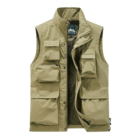 XFLWAM Men's Cargo Utility Vest Travel Fishing Work Outdoor Safari Vest Jackets with Pockets Casual Quick-drying Loose Hiking Vest Khaki M