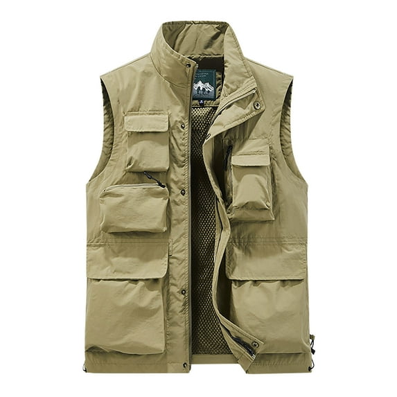 XFLWAM Men's Cargo Utility Vest Travel Fishing Work Outdoor Safari Vest Jackets with Pockets Casual Quick-drying Loose Hiking Vest Khaki M