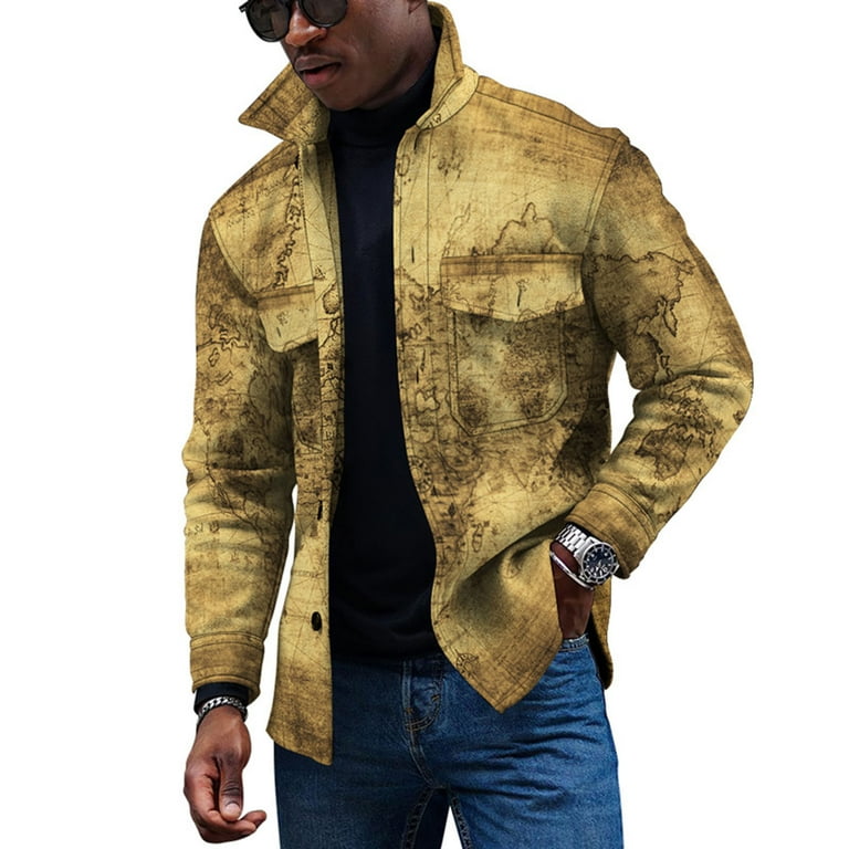 XFLWAM Men s Casual 3D Print Button Down Shirts Jacket Slim Fit Long Sleeve Shirt Vintage World Map Printed Jacket Coats Gold XL