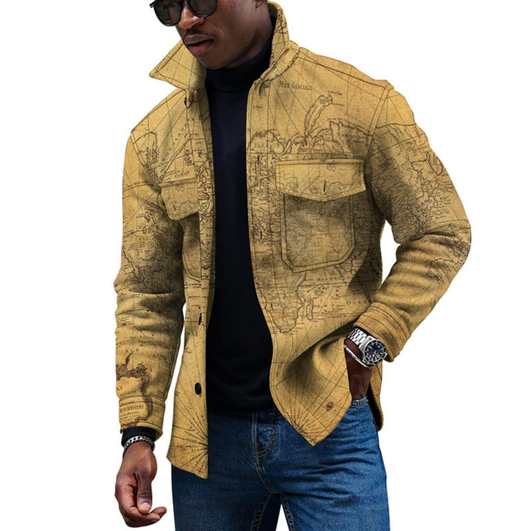 XFLWAM Men s Casual 3D Print Button Down Shirts Jacket Slim Fit Long Sleeve Shirt Vintage World Map Printed Jacket Coats Yellow XXL Walmart
